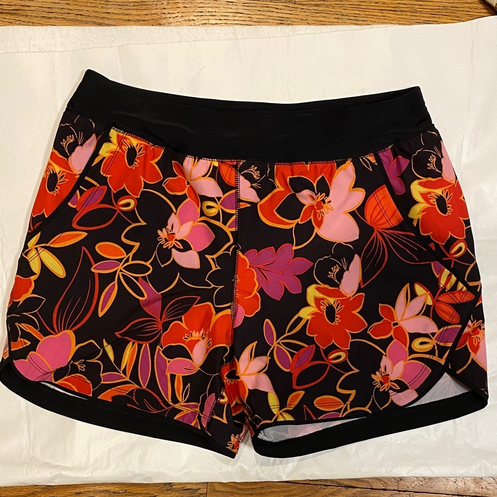 Lands' End Black with orange, yellow and purple print Women's swim/board shorts